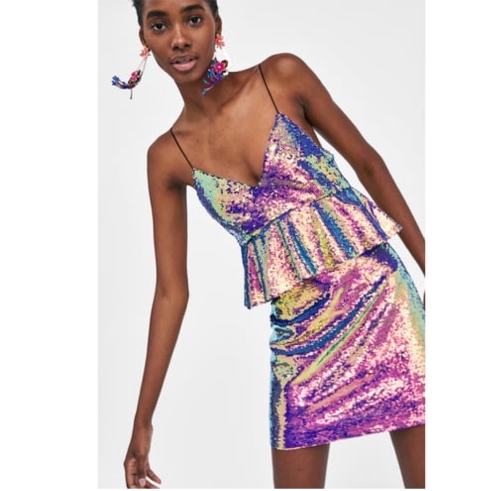 Zara Iridescent Sequin Peplum Mini Dress